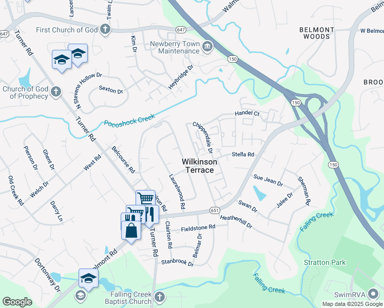 map of restaurants, bars, coffee shops, grocery stores, and more near 4018 Lamplighter Drive in Richmond