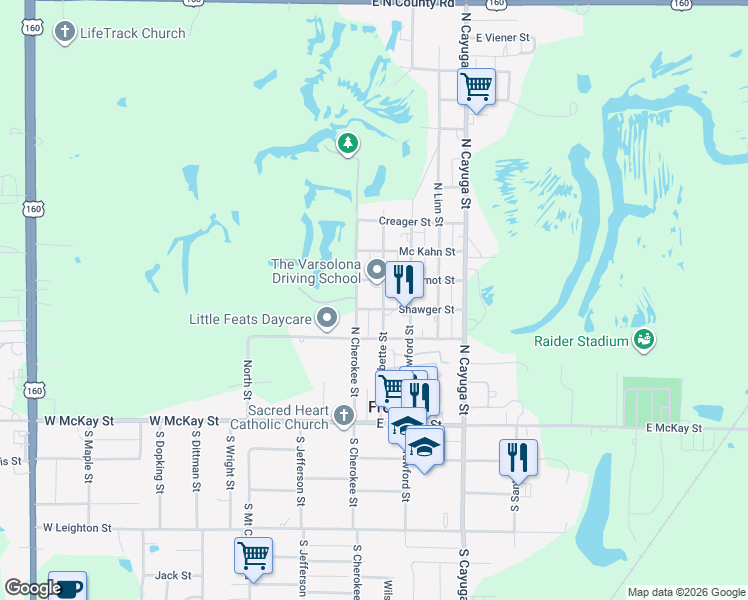 map of restaurants, bars, coffee shops, grocery stores, and more near 305 North Labette Street in Frontenac