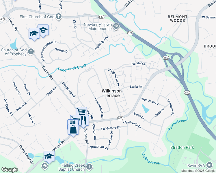 map of restaurants, bars, coffee shops, grocery stores, and more near 4018 Lamplighter Drive in Richmond