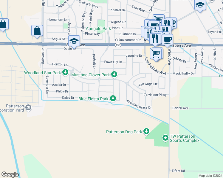 map of restaurants, bars, coffee shops, grocery stores, and more near 238 Bella Flora Lane in Patterson