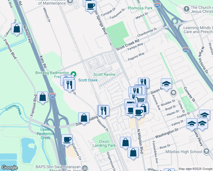 map of restaurants, bars, coffee shops, grocery stores, and more near 49197 Tulip Terrace in Fremont