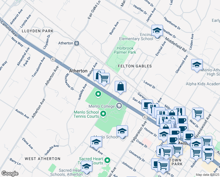 map of restaurants, bars, coffee shops, grocery stores, and more near 128 Buckthorn Way in Menlo Park