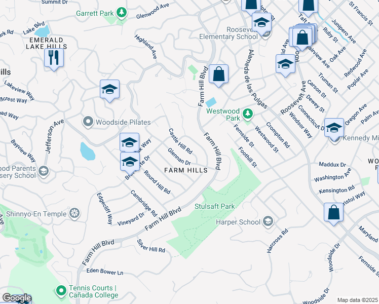 map of restaurants, bars, coffee shops, grocery stores, and more near 944 Castle Hill Road in Redwood City