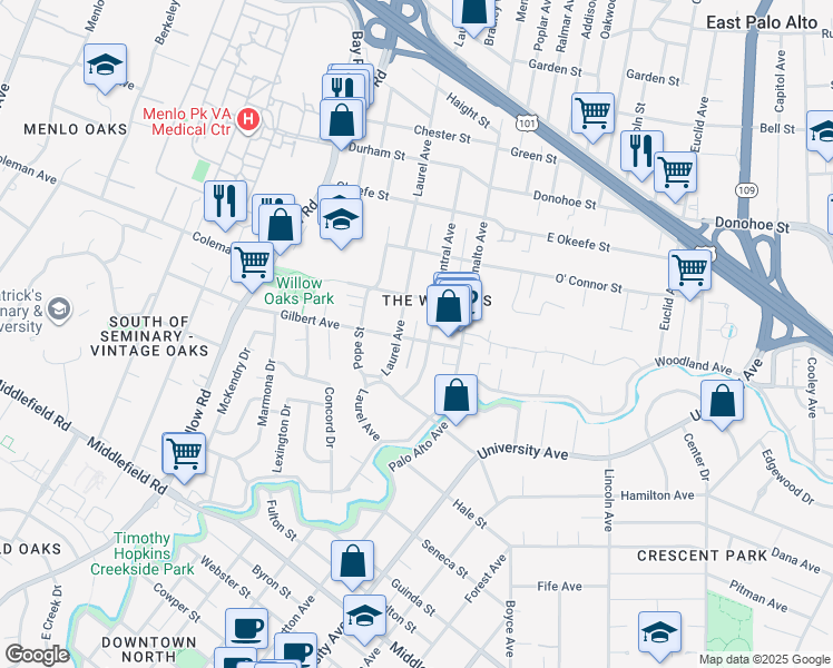 map of restaurants, bars, coffee shops, grocery stores, and more near 212 Gilbert Avenue in Menlo Park