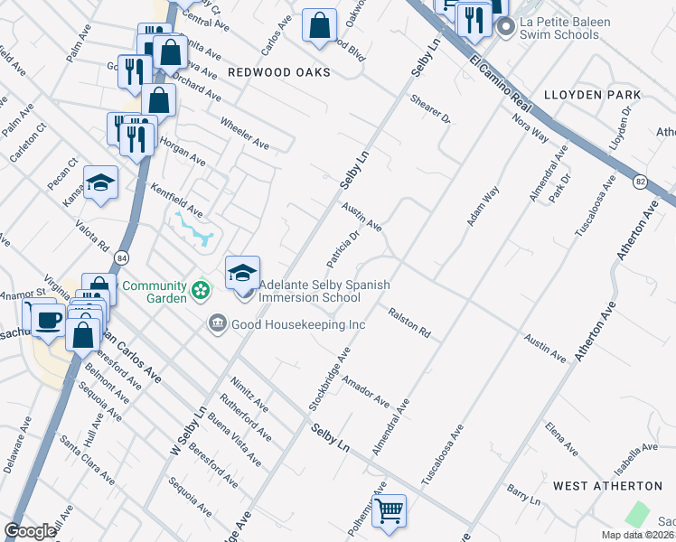 map of restaurants, bars, coffee shops, grocery stores, and more near 165 Patricia Drive in Atherton