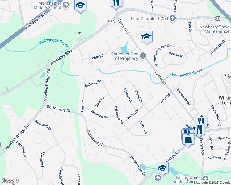 map of restaurants, bars, coffee shops, grocery stores, and more near 3412 Silliman Court in Chesterfield