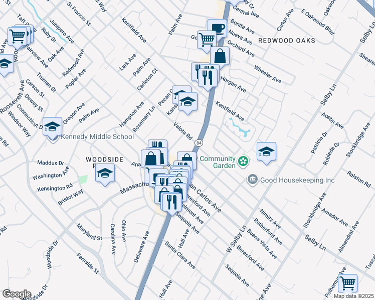 map of restaurants, bars, coffee shops, grocery stores, and more near 1240 Woodside Road in Redwood City