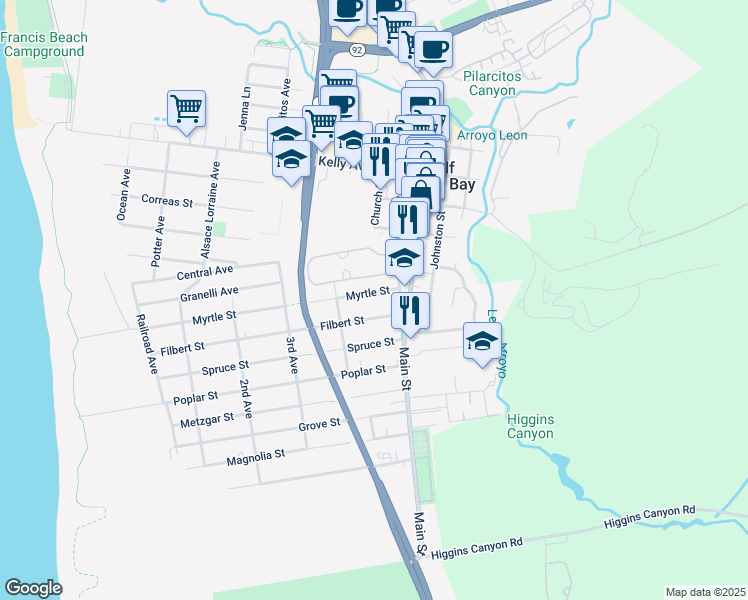 map of restaurants, bars, coffee shops, grocery stores, and more near 656 Myrtle St in Half Moon Bay