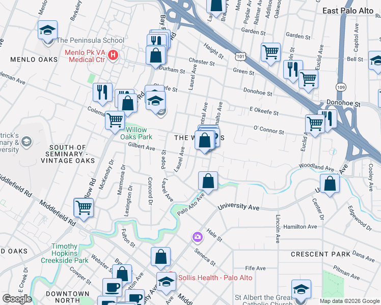 map of restaurants, bars, coffee shops, grocery stores, and more near 409 Central Avenue in Menlo Park