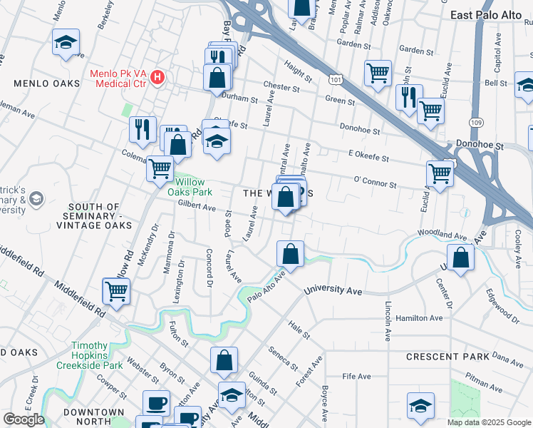 map of restaurants, bars, coffee shops, grocery stores, and more near 212 Gilbert Avenue in Menlo Park