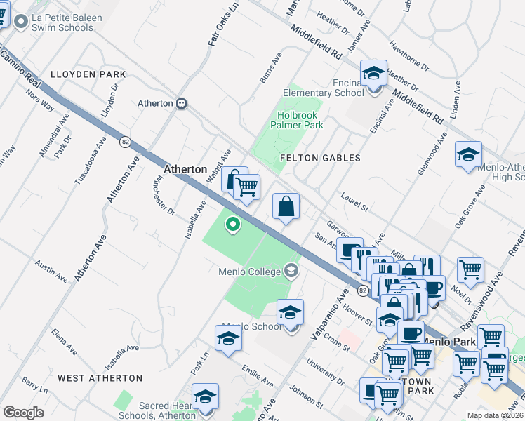 map of restaurants, bars, coffee shops, grocery stores, and more near 128 Buckthorn Way in Menlo Park