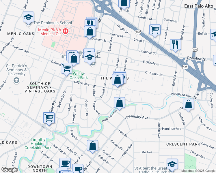 map of restaurants, bars, coffee shops, grocery stores, and more near 216 Gilbert Avenue in Menlo Park