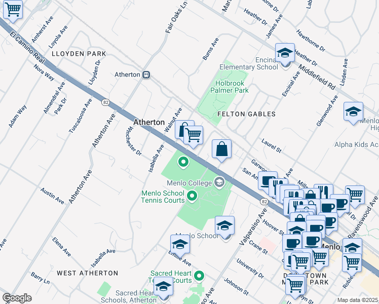 map of restaurants, bars, coffee shops, grocery stores, and more near 1850 El Camino Real in Menlo Park