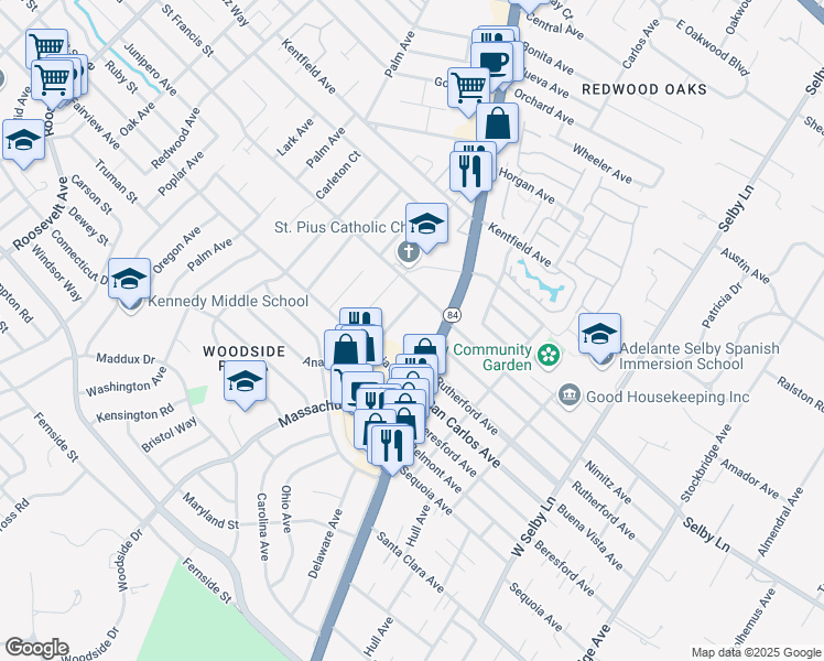 map of restaurants, bars, coffee shops, grocery stores, and more near 2 Woodside Road in Redwood City