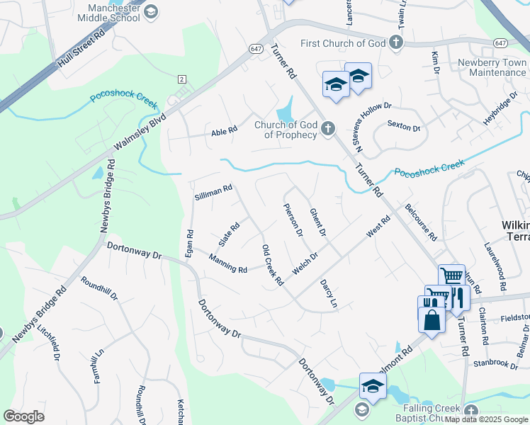 map of restaurants, bars, coffee shops, grocery stores, and more near 3412 Silliman Court in Chesterfield
