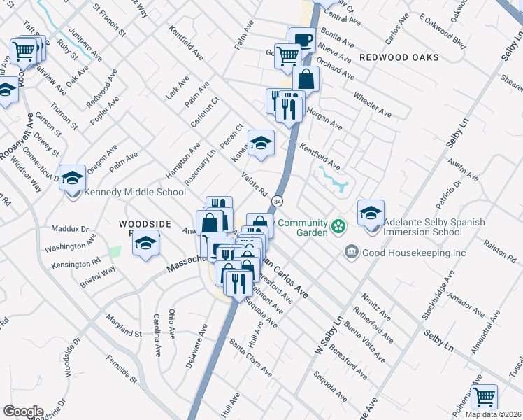 map of restaurants, bars, coffee shops, grocery stores, and more near 1240 Woodside Road in Redwood City