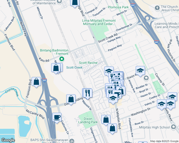 map of restaurants, bars, coffee shops, grocery stores, and more near 49197 Tulip Terrace in Fremont