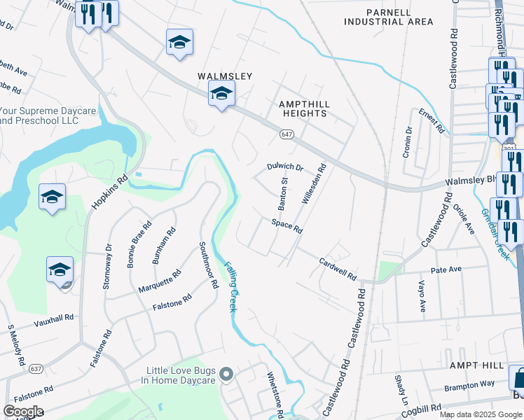 map of restaurants, bars, coffee shops, grocery stores, and more near 3106 Space Road in Richmond