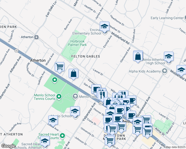 map of restaurants, bars, coffee shops, grocery stores, and more near 1543 Laurel Place in Menlo Park