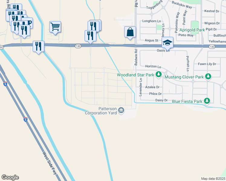 map of restaurants, bars, coffee shops, grocery stores, and more near 2209 Emerald Ranch Road in Patterson