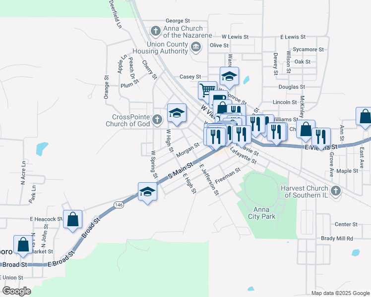 map of restaurants, bars, coffee shops, grocery stores, and more near 403 Morgan Street in Anna