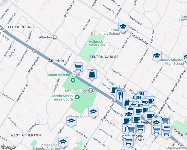 map of restaurants, bars, coffee shops, grocery stores, and more near 169 Stone Pine Lane in Menlo Park
