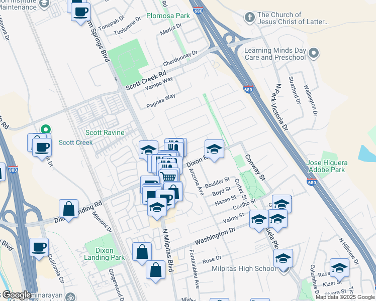 map of restaurants, bars, coffee shops, grocery stores, and more near 209 Mazey Street in Milpitas