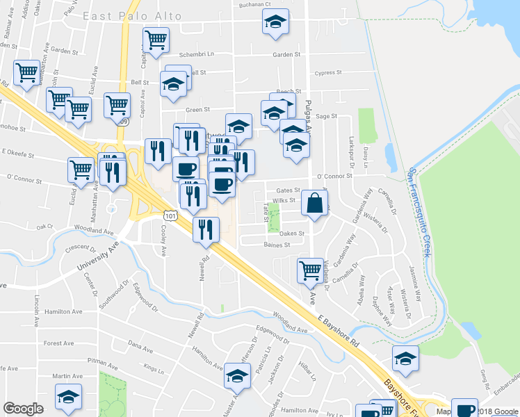 map of restaurants, bars, coffee shops, grocery stores, and more near 1969 Tate Street in East Palo Alto