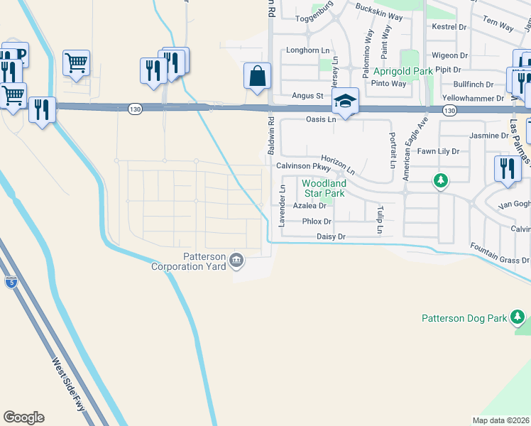 map of restaurants, bars, coffee shops, grocery stores, and more near 239 Lavender Lane in Patterson