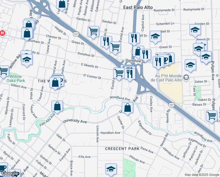 map of restaurants, bars, coffee shops, grocery stores, and more near 1951 Euclid Avenue in Menlo Park