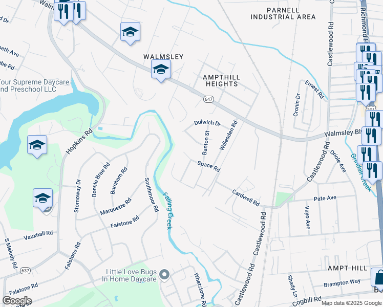 map of restaurants, bars, coffee shops, grocery stores, and more near 3106 Space Road in Richmond