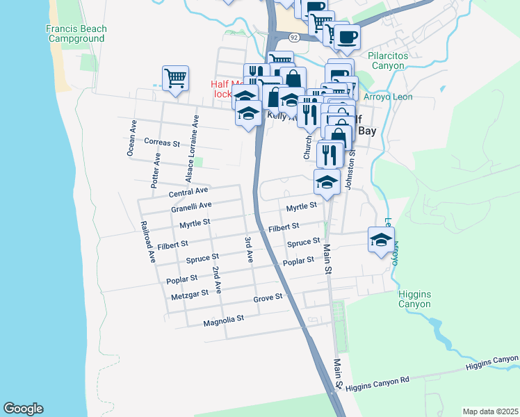 map of restaurants, bars, coffee shops, grocery stores, and more near 547 Cabrillo Highway South in Half Moon Bay