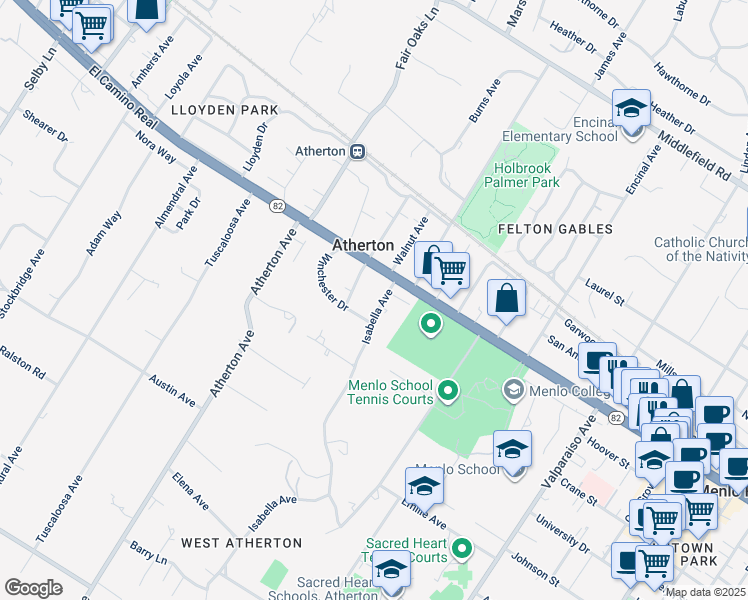 map of restaurants, bars, coffee shops, grocery stores, and more near 18 Isabella Avenue in Atherton