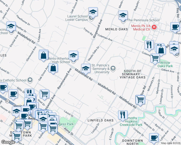 map of restaurants, bars, coffee shops, grocery stores, and more near 270 Gloria Circle in Menlo Park