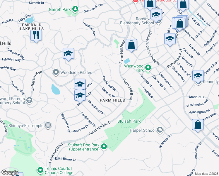 map of restaurants, bars, coffee shops, grocery stores, and more near 944 Castle Hill Road in Redwood City
