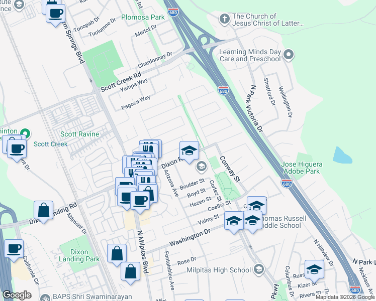 map of restaurants, bars, coffee shops, grocery stores, and more near 295 Dixon Road in Milpitas