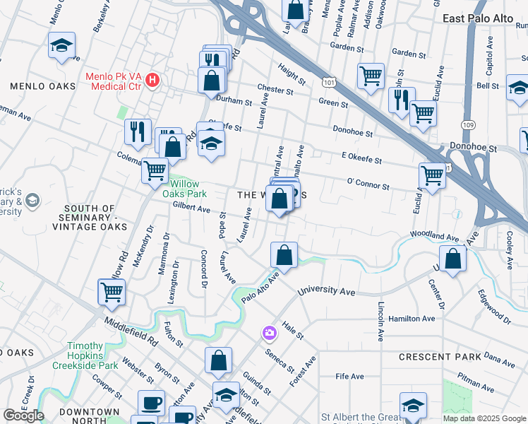 map of restaurants, bars, coffee shops, grocery stores, and more near 409 Central Avenue in Menlo Park
