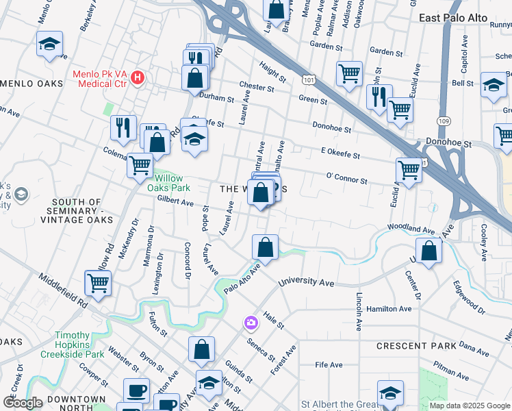 map of restaurants, bars, coffee shops, grocery stores, and more near 409 Central Avenue in Menlo Park