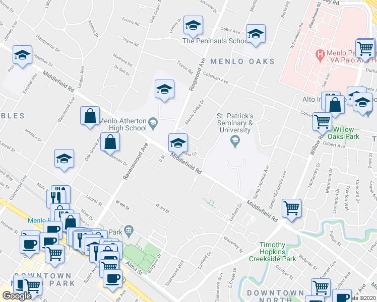 map of restaurants, bars, coffee shops, grocery stores, and more near 270 Gloria Circle in Menlo Park