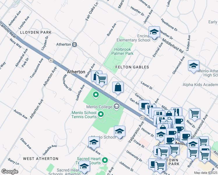 map of restaurants, bars, coffee shops, grocery stores, and more near 128 Buckthorn Way in Menlo Park