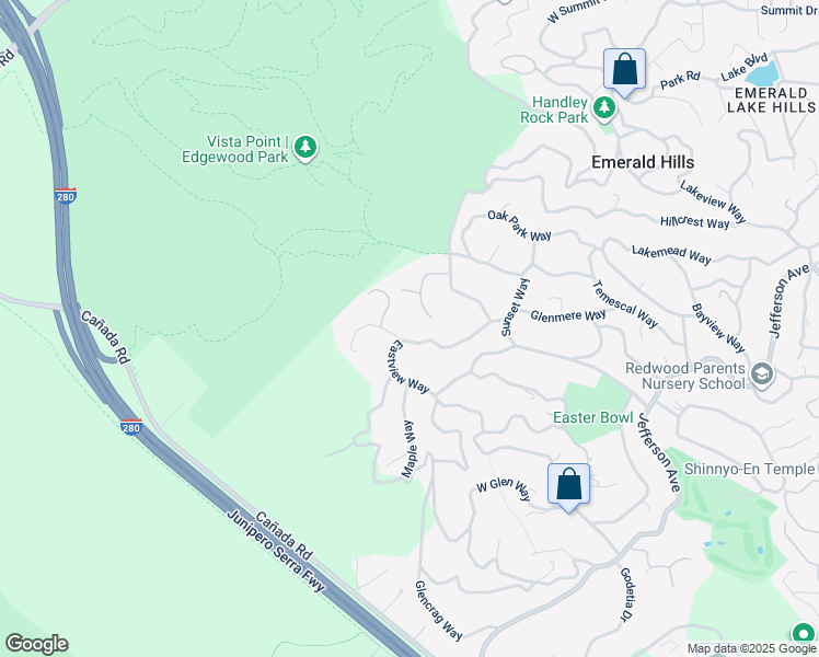 map of restaurants, bars, coffee shops, grocery stores, and more near 621 Eastview Way in Woodside