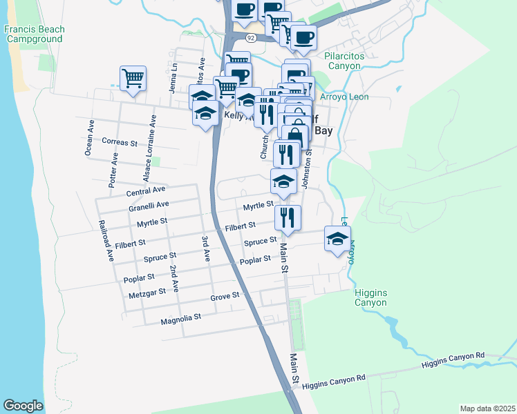 map of restaurants, bars, coffee shops, grocery stores, and more near 656 Myrtle Street in Half Moon Bay