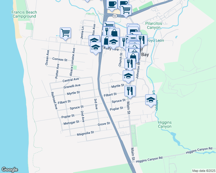 map of restaurants, bars, coffee shops, grocery stores, and more near 515 Myrtle Street in Half Moon Bay