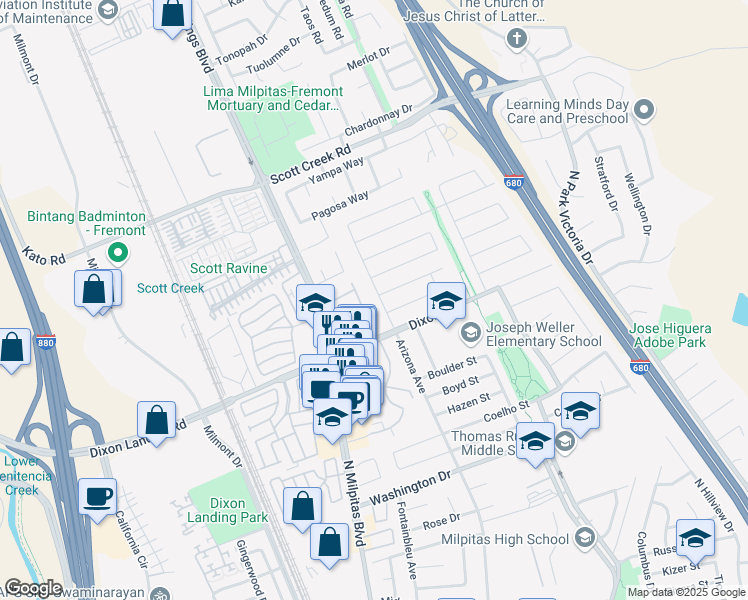 map of restaurants, bars, coffee shops, grocery stores, and more near 1943 Arizona Avenue in Milpitas