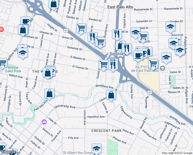map of restaurants, bars, coffee shops, grocery stores, and more near 1953 Euclid Avenue in Palo Alto