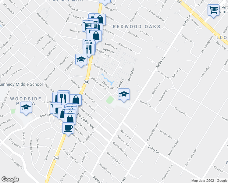 map of restaurants, bars, coffee shops, grocery stores, and more near 215 Atherwood Avenue in Redwood City