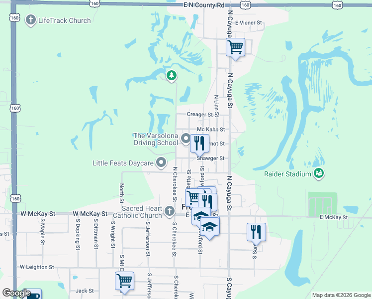 map of restaurants, bars, coffee shops, grocery stores, and more near 305 North Labette Street in Frontenac