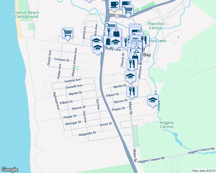 map of restaurants, bars, coffee shops, grocery stores, and more near 515 Myrtle Street in Half Moon Bay