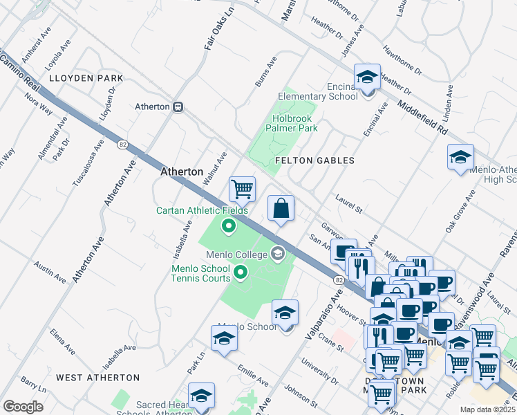 map of restaurants, bars, coffee shops, grocery stores, and more near 128 Buckthorn Way in Menlo Park