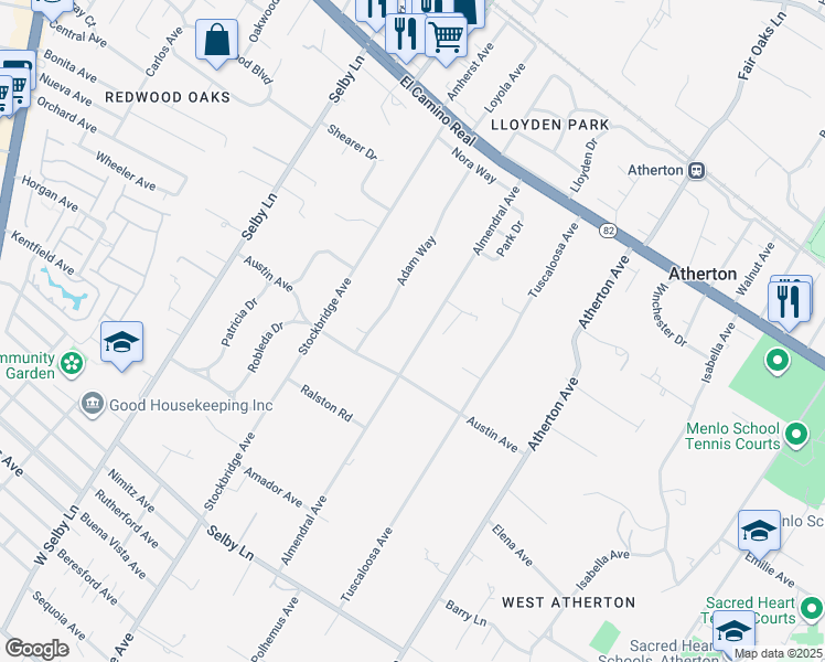 map of restaurants, bars, coffee shops, grocery stores, and more near 84 Almendral Avenue in Atherton